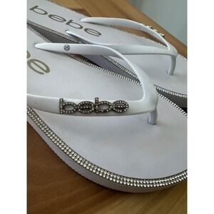 Y2K Bebe Flip Flops Women Size 10 White Silver Rhinestone Bebe Logo Beach Sandal